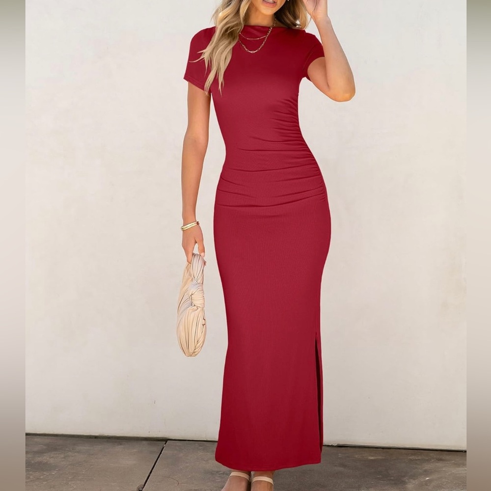 Short Sleeve Ruched Bodycon Dress-S